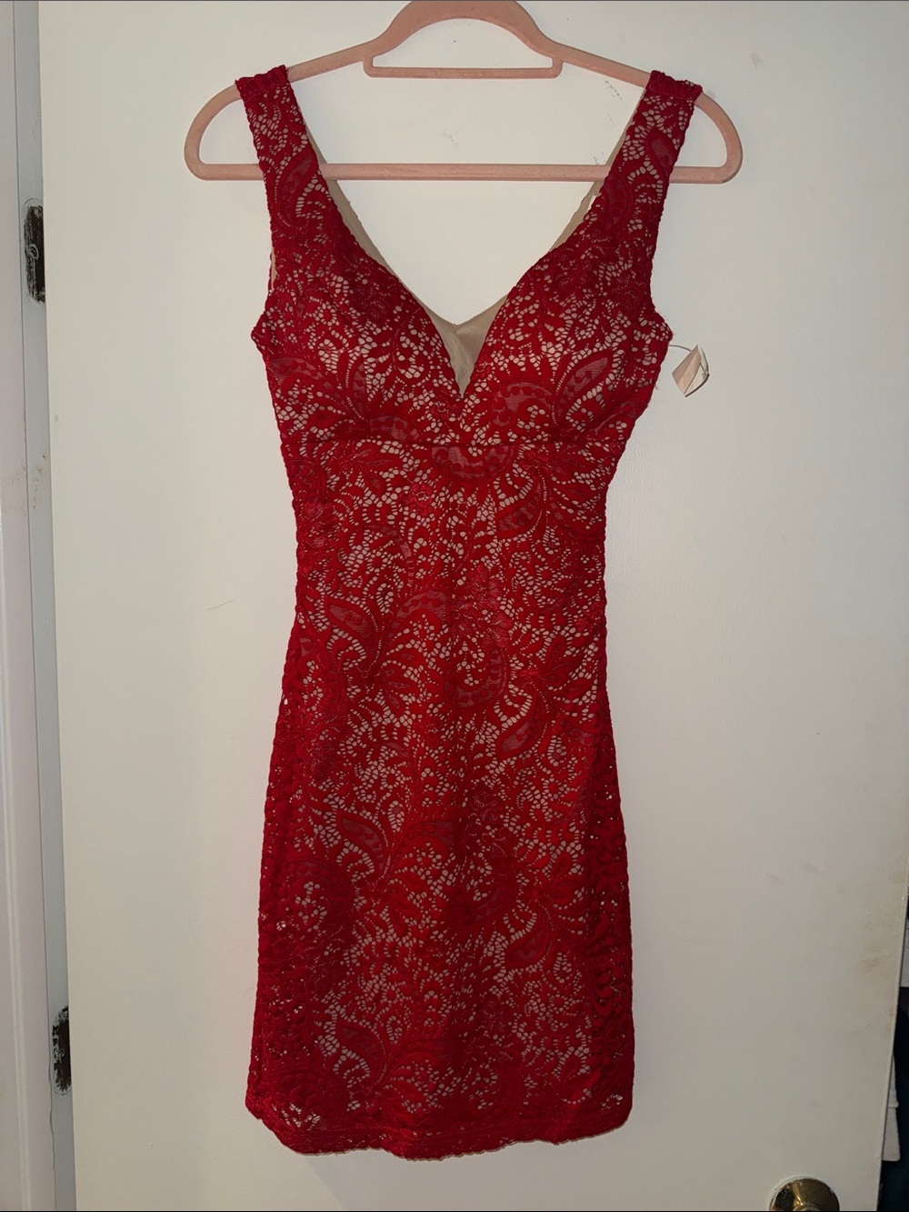 Emerald Sundae Red Lace V-Neck Sleeveless Mini Dress